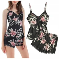 Piżamy damskie - Piżama satynowa spodenki top dwuczęściowa kwiaty - S - miniaturka - grafika 1