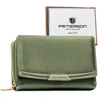 Portfele - Portfel damski z ochroną RFID PETERSON mały na karty gotówkę zatrzask i suwak modny na prezent zielony - miniaturka - grafika 1