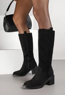 Czarne Kozaki Oficerki Vices na Słupku z Ozdobnymi Panelami przy Cholewce Aforrive - Kozaki damskie - miniaturka - grafika 1