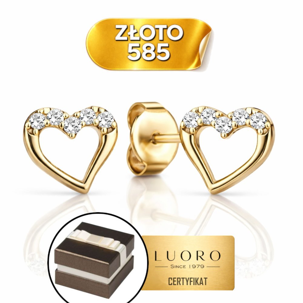 KOLCZYKI ZŁOTE 585 14K SERCA Z CYRKONIĄ SZTYFT ELEGANCKIE 8,3 MM
