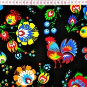 Pasmanteria - Tkanina bawełniana wzór koguty łowickie czarne tło - miniaturka - grafika 1