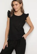 Bluzki damskie - Czarna Bawełniana Bluzka Ozdobiona Ażurowym Wzorem i Falbankami Ridiruna - miniaturka - grafika 1