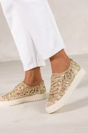 Sneakersy damskie - Beżowe trampki damskie sneakersy na platformie z ozdobną cholewką ze złotymi cekinami Carla 2211-4-38 - miniaturka - grafika 1