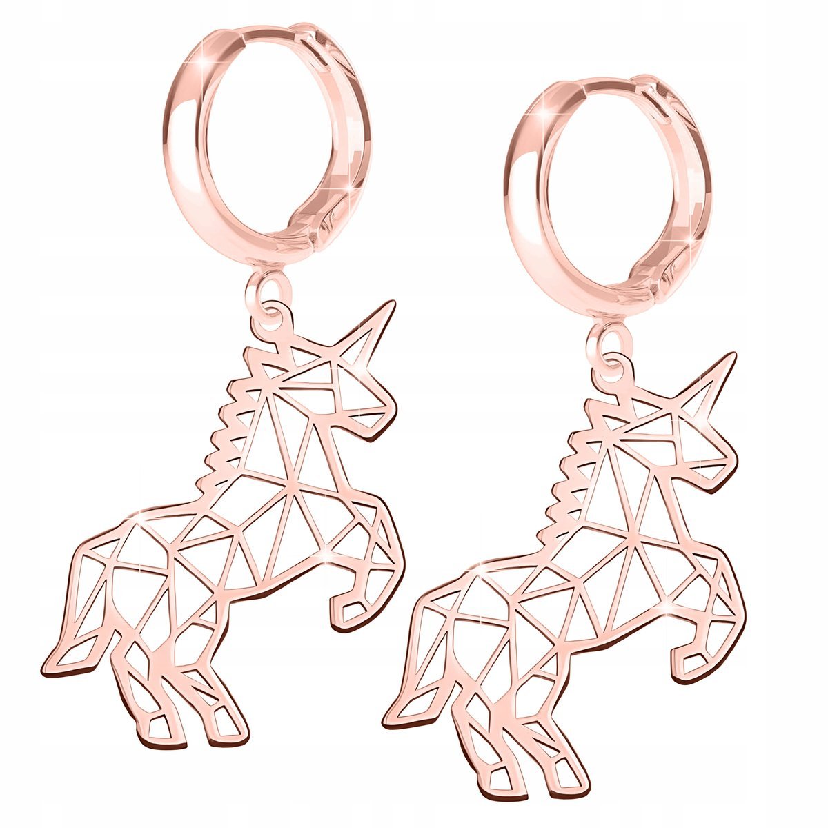 Kolczyki Różowe 18K Ogromne Jednorożce Ażurowe Blaszki Origami Jednorożec
