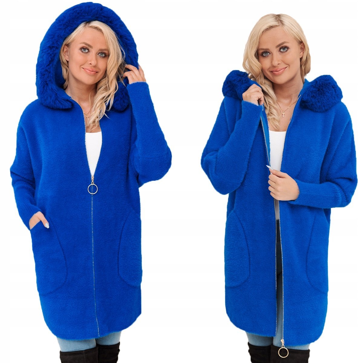 Z FUTERKIEM PŁASZCZ ALPAKA NA SUWAK WEŁNA CIEPŁY chabrowy