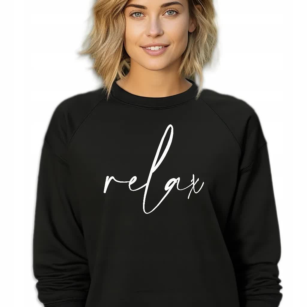 Czarna Bluza Damska Dresowa RELAX Stylowa Modna Wzory Rozmiar S