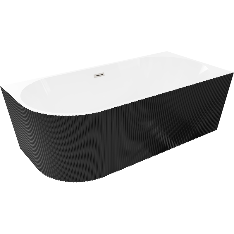 Mexen Silo wanna wolnostojąca narożna prawa ryflowana 150 x 75 cm, biała/czarna, przelew nikiel szczotkowany - 52891507575P-97