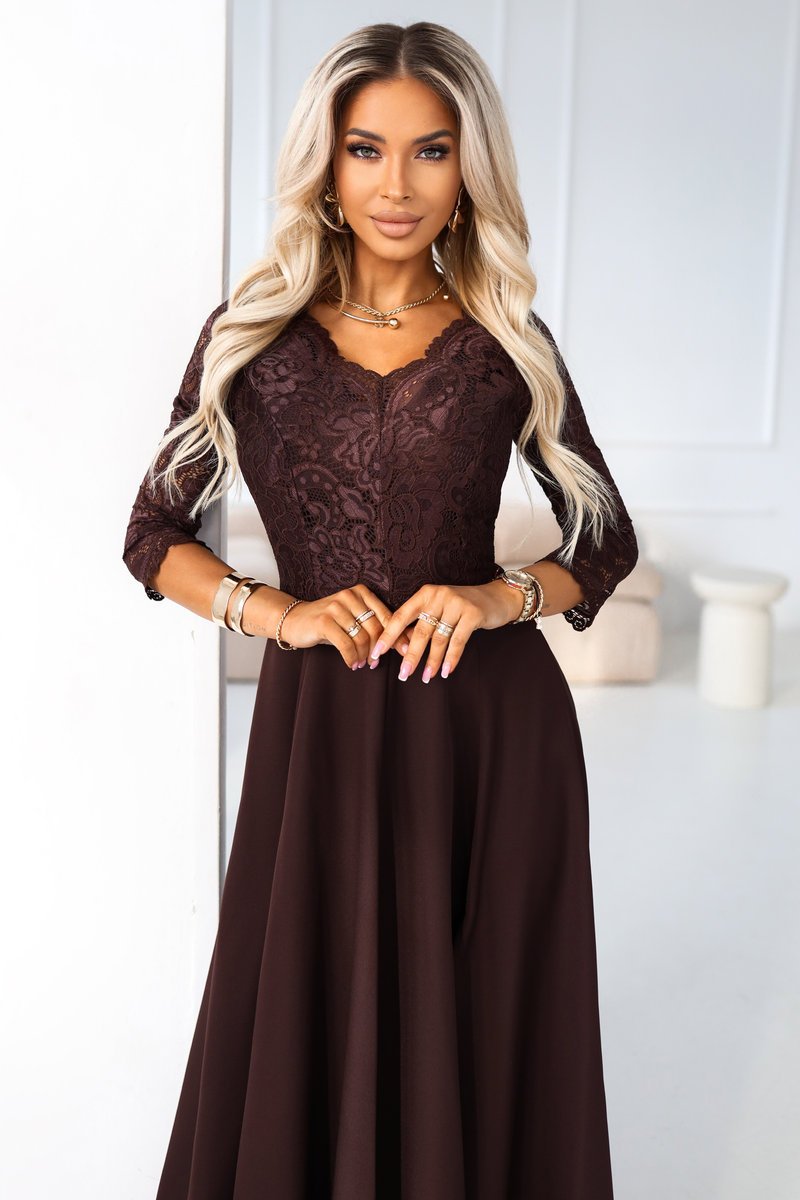 309-14 AMBER elegancka długa koronkowa suknia z dekoltem - czekolada - S