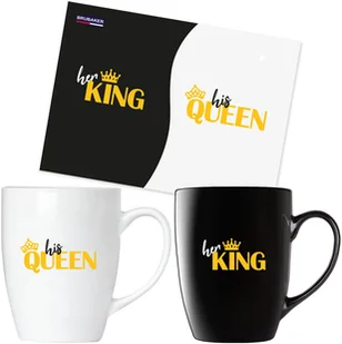 BRUBAKER Kubki do kawy Her King & His Queen z kartką z życzeniami - Kubek do kawy dla pary czarno-biały - Zestaw upominkowy kubków 300 ml - Zestaw kubków w pudełku upominkowym na Walentynki, ślub i Boże Narodzenie - Kubki - miniaturka - grafika 1