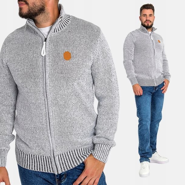 Sweter Męski Bawełniany Na Zamek Prążkowane Ściągacze Naszywka Szary L