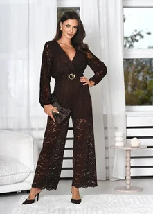 KOBIECY KOMBINEZON KORONKOWY DŁUGI CZEKOLADOWY - Kombinezony - miniaturka - grafika 1