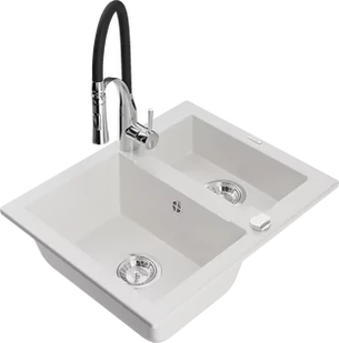 Mexen Carlos zlewozmywak granitowy 1,5-komorowy z baterią kuchenną Aster, biały - 6518-20-73450-07 - Zlewozmywaki z baterią - miniaturka - grafika 1