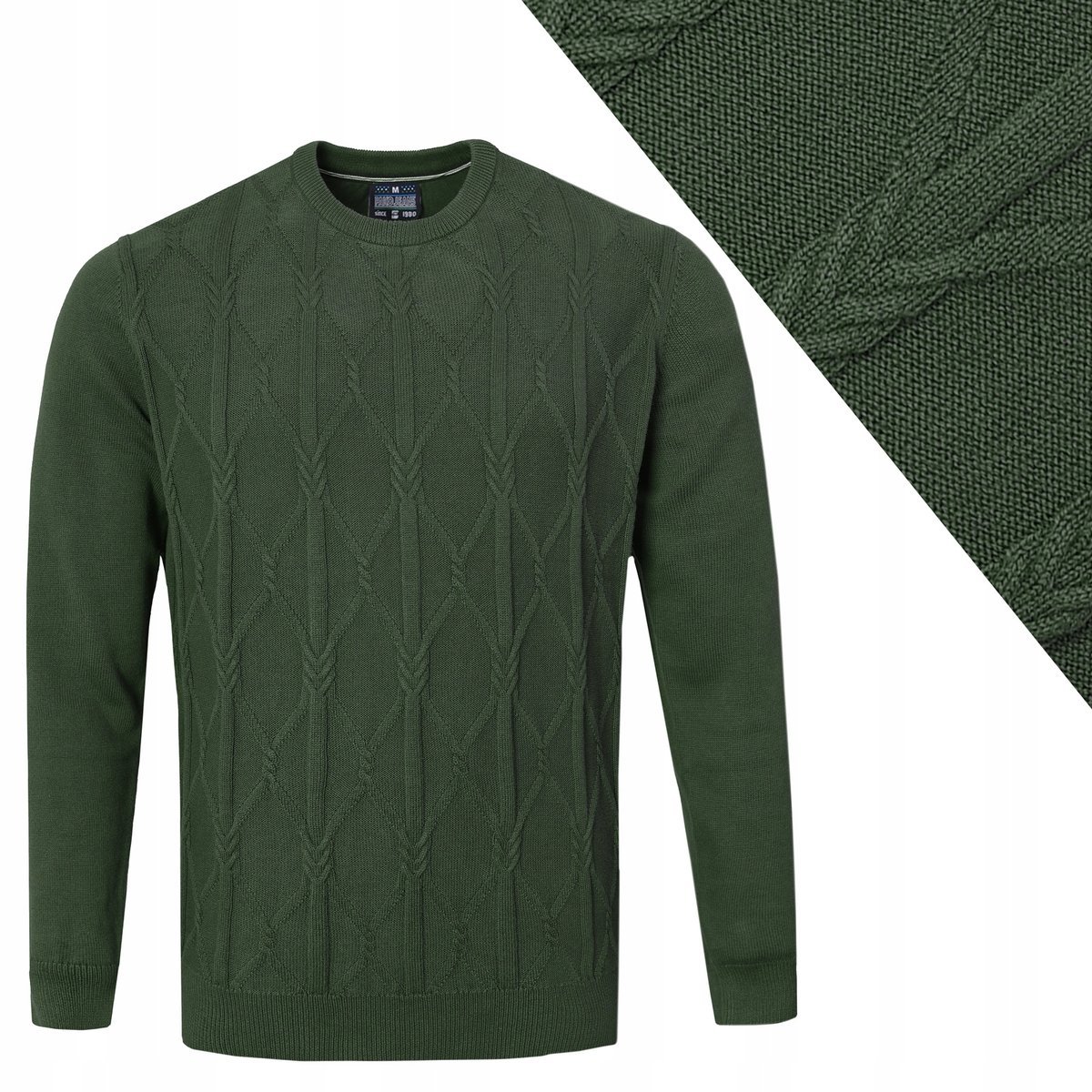 Elegancki SWETER Męski z Warkoczem CIEMNOZIELONY Bawełniany L Pako Jeans