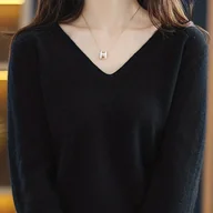 Swetry damskie - TEMU Sweter Damski z Dekoltem w Serek - Elastyczny, Jednokolorowy Top na Wiosnę/, Kolekcja Elegancji o Bliskowschodnim Akcentem, Miękka i Wygodna - miniaturka - grafika 1