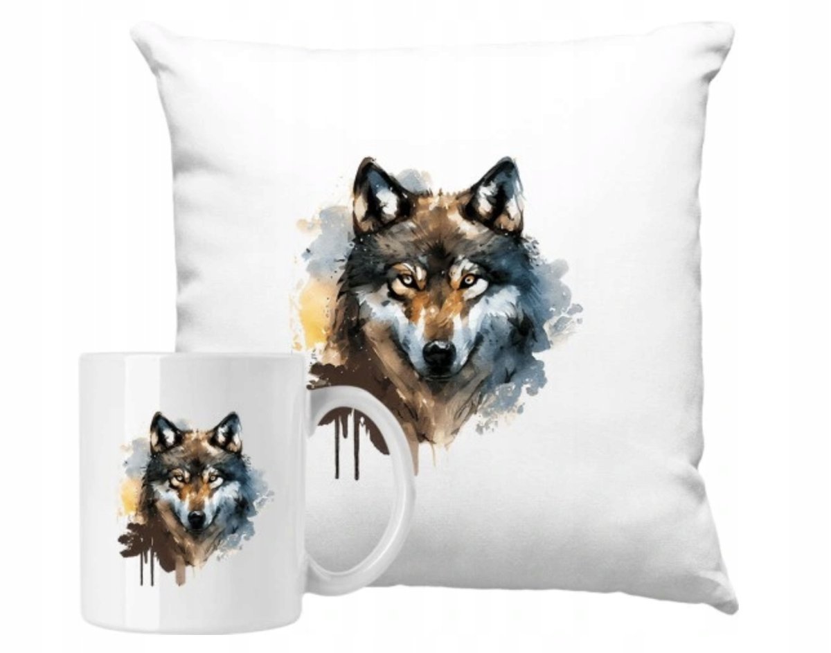ZESTAW PODUSZKA + KUBEK Prezent WILK WOLF LAS AKWARELA BOHO +IMIĘ