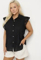 Koszule damskie - Czarna Bawełniana Koszula z Lnem i Ażurowymi Rękawami Tolarra - miniaturka - grafika 1