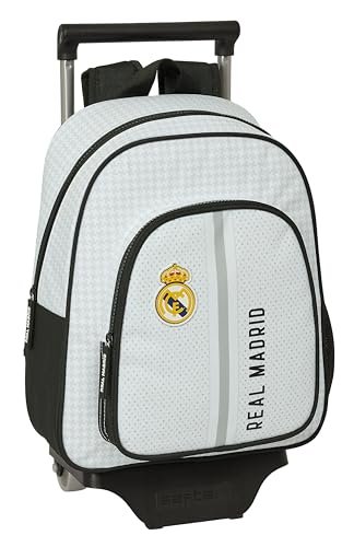 Safta REAL MADRID 1. WYPOSAŻENIE 24/25 - Plecak dziecięcy z wózkiem 705, idealny dla dzieci w różnym wieku, wygodny i wszechstronny, jakość i wytrzymałość, 28x10x34 cm, kolor biały/szary, biały/szary,