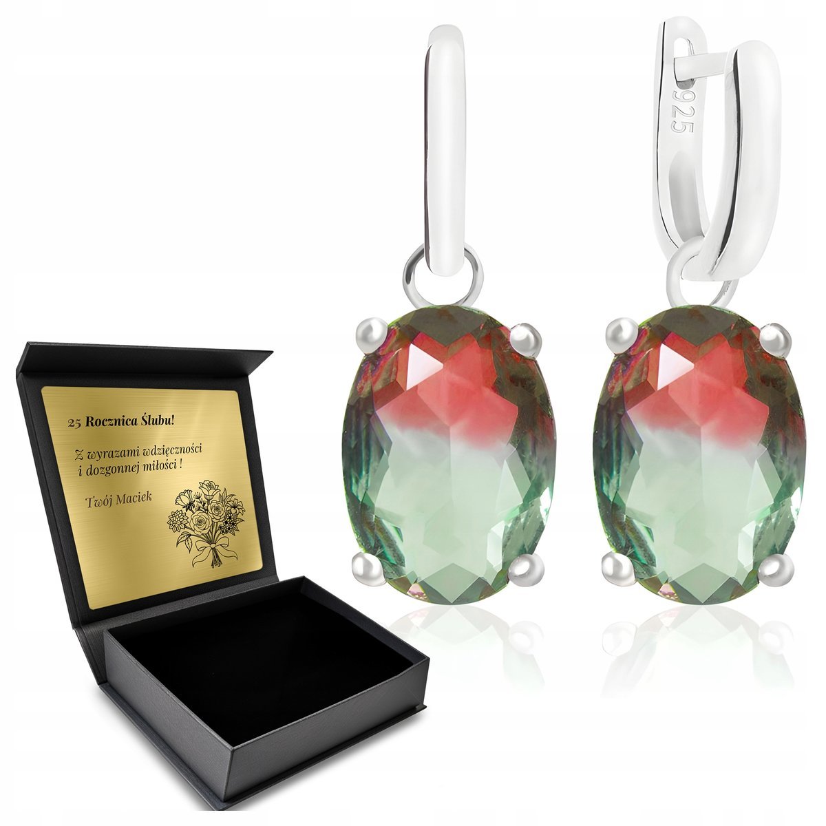 Kolczyki Srebrne 925 Turmalin Biżuteria Dla Kobiety + Grawer