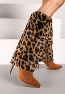 Kozaki damskie - Brązowe Kozaki na Szpilce Ozdobione Futerkiem i Wywiniętą Cholewką w Panterkę Riavira - Renee - miniaturka - grafika 1