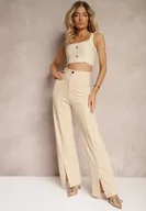 Spodnie damskie - Beżowe Eleganckie Spodnie High Waist o Szerokim Kroju z Wiskozą i Rozcięciami Yurlea - miniaturka - grafika 1