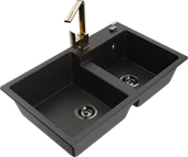 Zlewozmywaki z baterią - Mexen Tomas zlewozmywak granitowy 2-komorowy z baterią kuchenną Rita, czarny/złoty metalik - 6516-75-670300-50-B - miniaturka - grafika 1