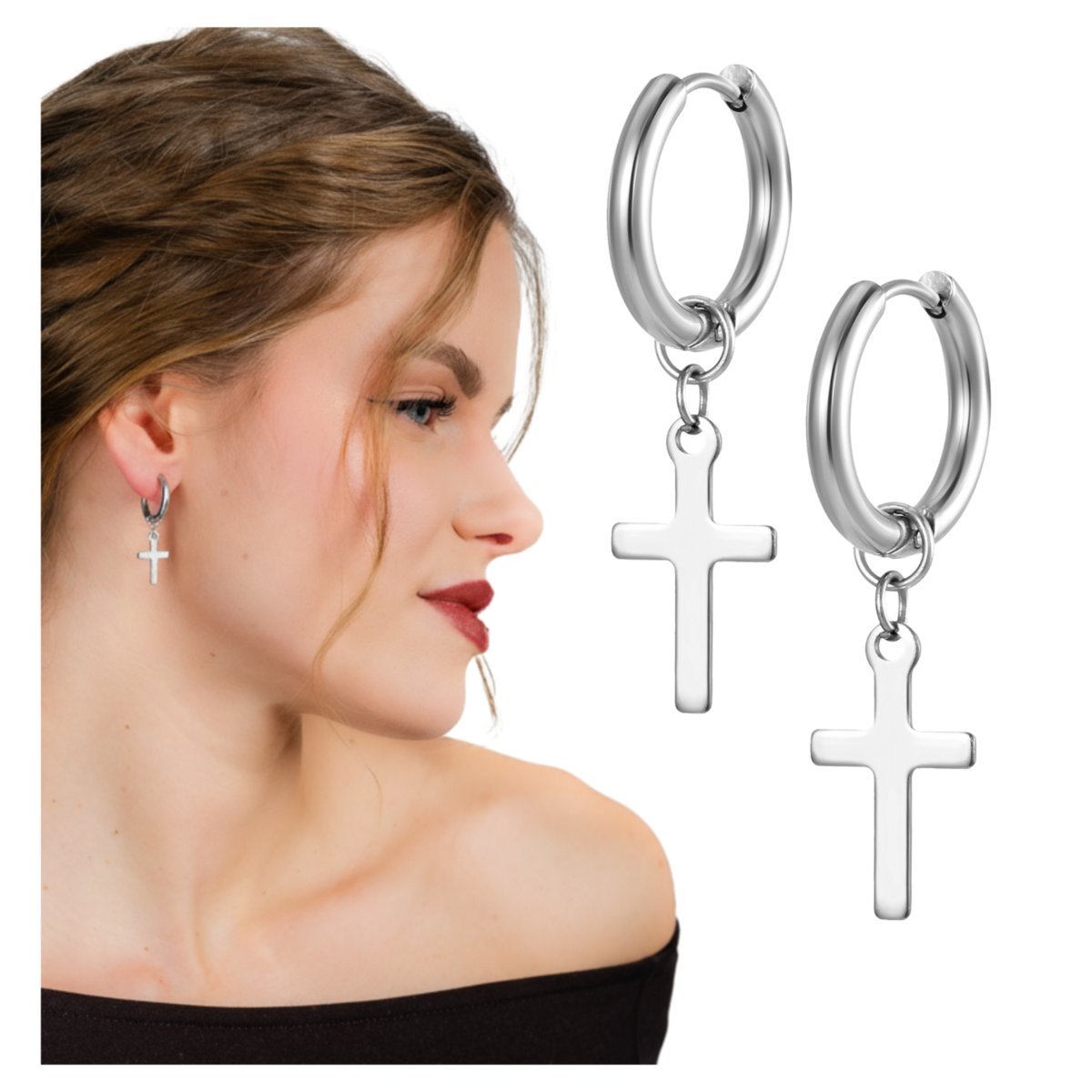 Kolczyki Długie Srebrne Wiszące Krzyże ze Stali Chirurgicznej 316L Subtelne