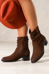 Brązowe botki skórzane damskie Sergio Leone na szerokim słupku marszczona cholewka z ozdobą YG645-H - Botki damskie - miniaturka - grafika 1