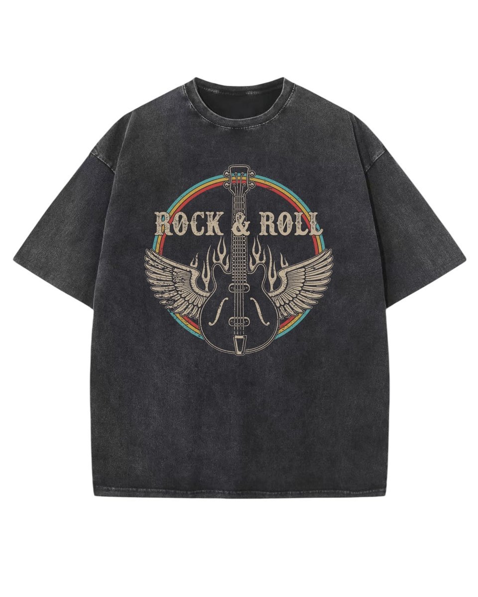 Męska koszulka oversize efekt sprania Muzyka Rock and Roll Czarna XL