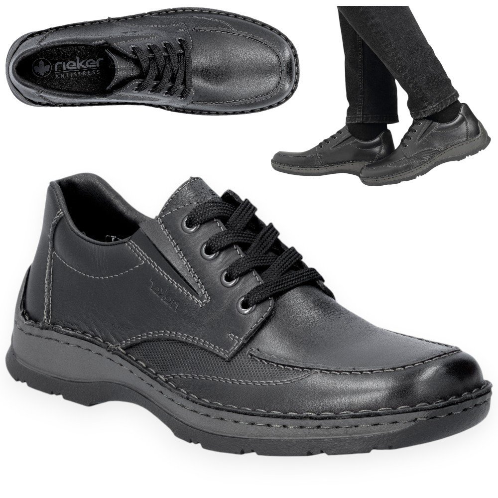 Półbuty skórzane Męskie RIEKER Wygodne Trzewiki Czarne Sznurowane 42