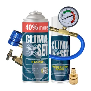 Gaz do klimatyzacji ClimaSet R1234yf 470 g, z przewodem z manometrem, adapterem R1234yf i odświeżaczem do klimatyzacji - Serwis klimatyzacji - miniaturka - grafika 1
