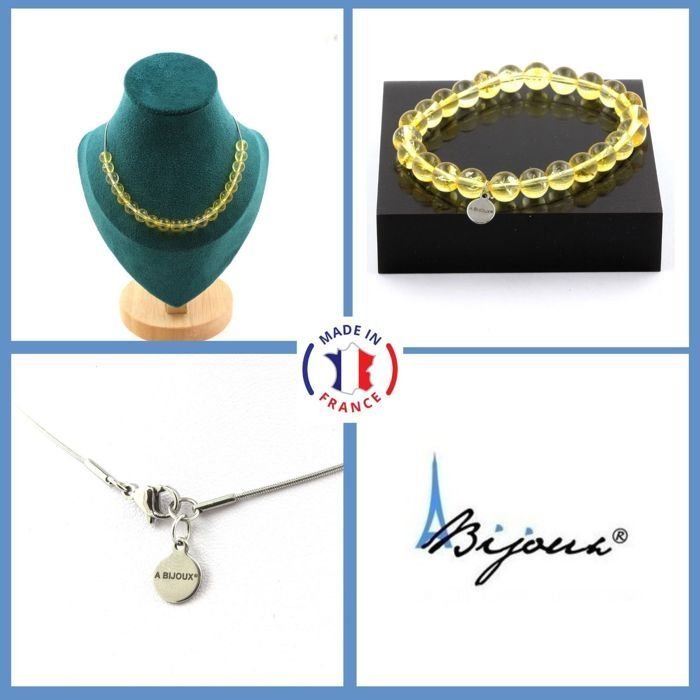 Kamienie i minerały. Komplet biżuterii Bransoletka Naszyjnik 20 Koralików Cytrynowych 8 mm. Łańcuszek stalowy Możliwość dostosowania rozmiaru.