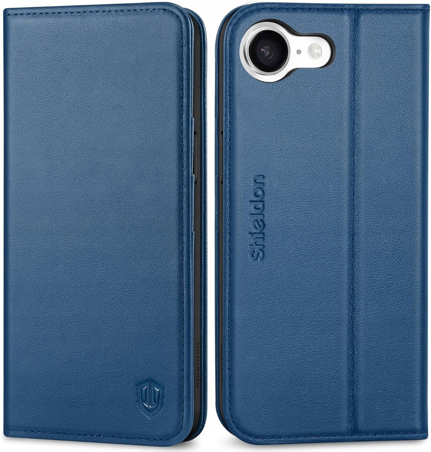 Shieldon naturalne etui skórzane iPhone 16e portfel Rfid z klapką niebieski