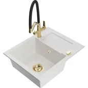 Zlewozmywaki z baterią - Mexen Enzo zlewozmywak granitowy 1-komorowy z ociekaczem i baterią kuchenną Duo, biały - miniaturka - grafika 1