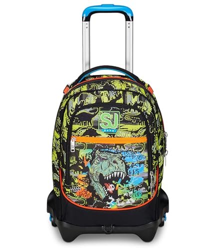 SJ Gang Wózek szkolny Jack 3 koła, zielony pomarańczowy, rexmi, 3 w 1, potrójne zastosowanie, plecak z odpinanym wózkiem, kieszenią na butelkę i systemem crossovera, plecak szkolny podróżny, dla