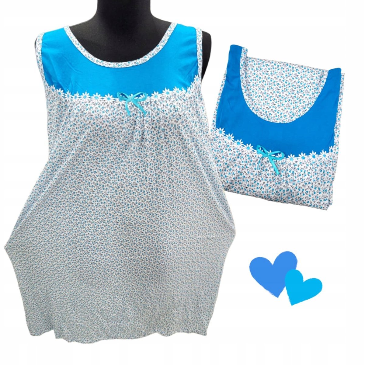 BAWEŁNA KOSZULA NOCNA na ramiączkach drobny kwiat prezent błękit 52 54 6XL