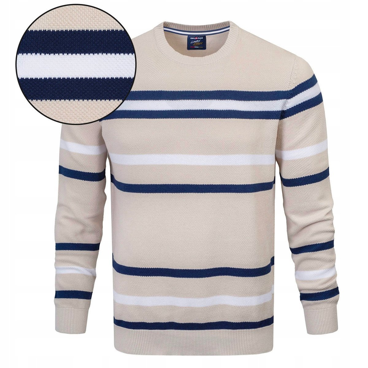 Elegancki SWETER Męski BEŻOWY w PASKI Klasyczny Bawełniany XXL Pako Jeans