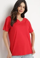 Koszulki i topy damskie - Czerwony Bawełniany T-shirt z Trójkątnym Dekoltem Nelirna - miniaturka - grafika 1