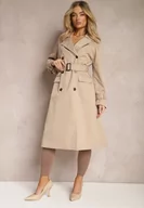 Płaszcze damskie - Beżowy Płaszcz Trencz Dwurzędowy Taliowany Paskiem z Patkami na Rękawach Diore - miniaturka - grafika 1