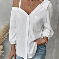 Koszule damskie - TEMU Koszula damska bez ramiączek z guzikami - długi rękaw 3/4, swobodna bluzka, biały, idealna na wiosnę/, strój casual moda bez ramiączek - miniaturka - grafika 1