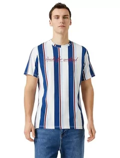 Koszulki męskie - Koton Męski T-shirt z nadrukiem Slogan Crew Neck Short Sleeve Cotton, Marine Stripe (01 m), XL - grafika 1