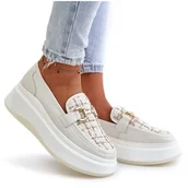 Mokasyny damskie - Skórzane Mokasyny Damskie Na Platformie Ze Złotą Ozdobą Vinceza 89105 Jasnobeżowe beżowy - miniaturka - grafika 1