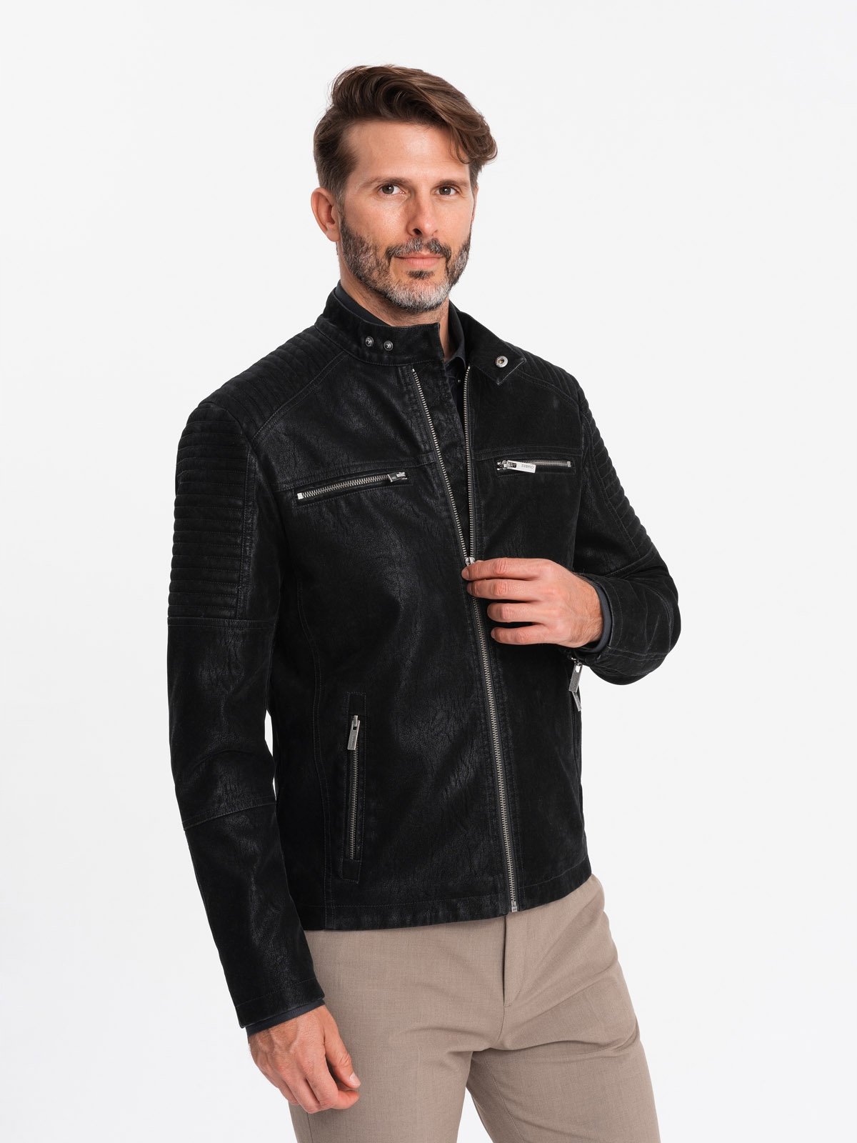 Kurtka męska biker ze stójką w stylu retro czarna V2 OM-JAFL-0197 XL