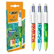 Długopisy - Bic 4 kolory, welurowe długopisy kulkowe, średnia końcówka (1,0 mm), różne wzory beczek, 3 sztuki, czarne - miniaturka - grafika 1