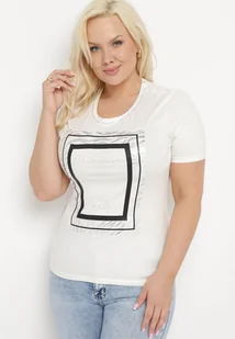 Biały Bawełniany T-shirt Koszulka z Krótkim Rękawem Ozdobiona Nadrukiem i Cyrkoniami Codara - Koszulki i topy damskie - miniaturka - grafika 1