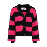 Swetry damskie - myMo Damski kardigan w paski z długim rękawem z dekoltem w serek akryl czarny różowy rozmiar M/L, czarny różowy, M - miniaturka - grafika 1