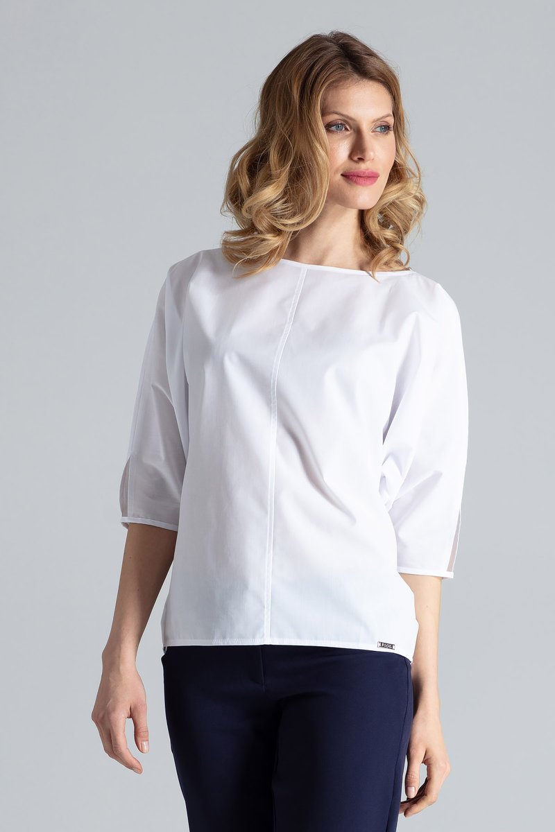 Bluzka damska kimono nietoperz z rękawem 3/4 do pracy Figl - M563, biała, L/XL