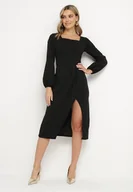 Sukienki - Czarna Koktajlowa Sukienka z Kopertowym Dołem i Ściągaczami przy Rękawach Felilena - miniaturka - grafika 1