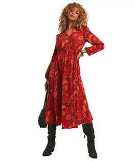 Sukienki - Joe Browns Damska sukienka vintage z wiązanym dekoltem z długim rękawem w kwiaty na co dzień, pomarańczowa, 10, pomarańczowy, 36 - grafika 1