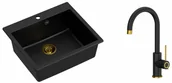 Zlewozmywaki z baterią - Quadron Zlewozmywak granitowy jednokomorowy 57*50*22 cm MORGAN 110 PURE CARBON czarny ze złotym odpływem z baterią JODIE Q LINE SLIM PURE CARBON kolor czarny mat/wykończenie złote - miniaturka - grafika 1