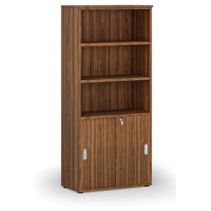 Szafa biurowa kombinowana PRIMO WOOD, drzwi przesuwne na 2 poziomach, 1781 x 800 x 420 mm, orzech - Szafy biurowe - miniaturka - grafika 1